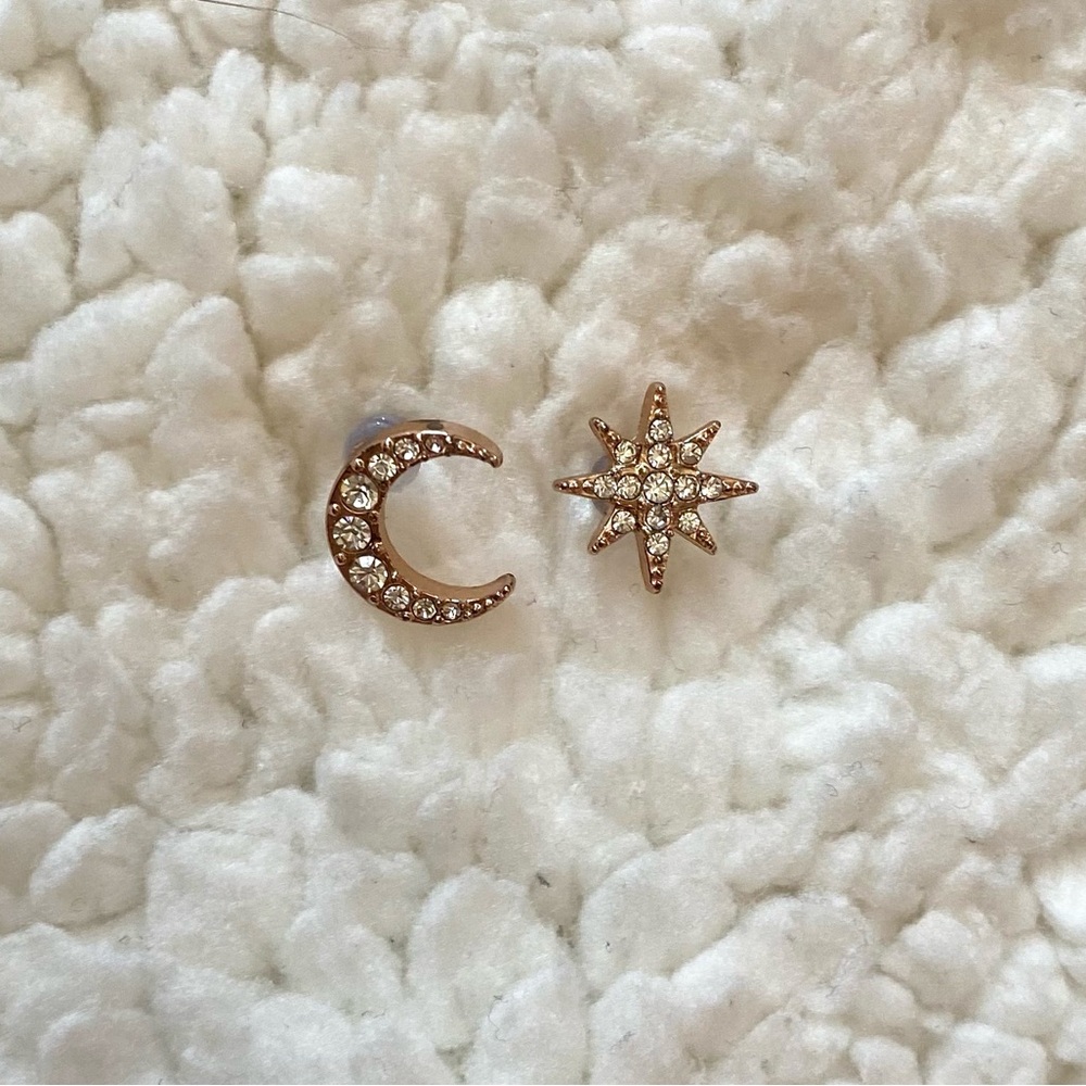Never worn Rose gold crescent moon and sun earrings with mini diamonds